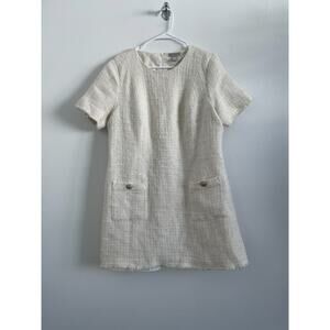 H&M Dress Women XL Cream Tweed Boucle Mini Button Academia Twee Office Wool Blen